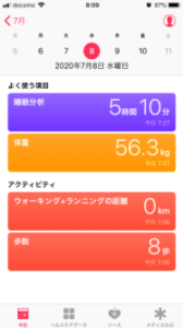 ヘルスケアアプリ 今日の表示画面